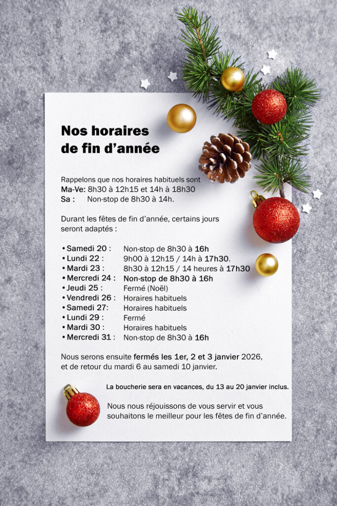 Horaires fetes Boucherie la Chablaisienne - Bex 2025